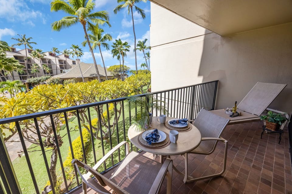 Private lanai with breathtaking views of the Resort grounds and a peek of the Pacific Ocean