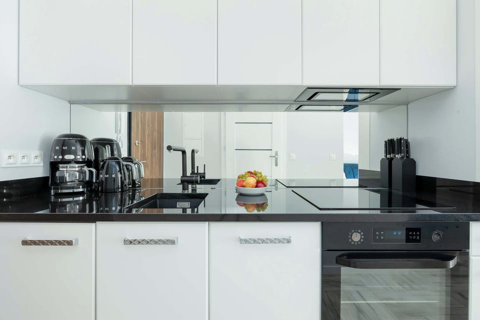 The sleek design of the kitchenette blending seamlessly with the living area.