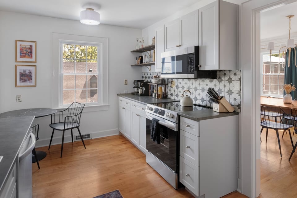 Fully stocked kitchen with a coffee bar to start slow mornings right.
