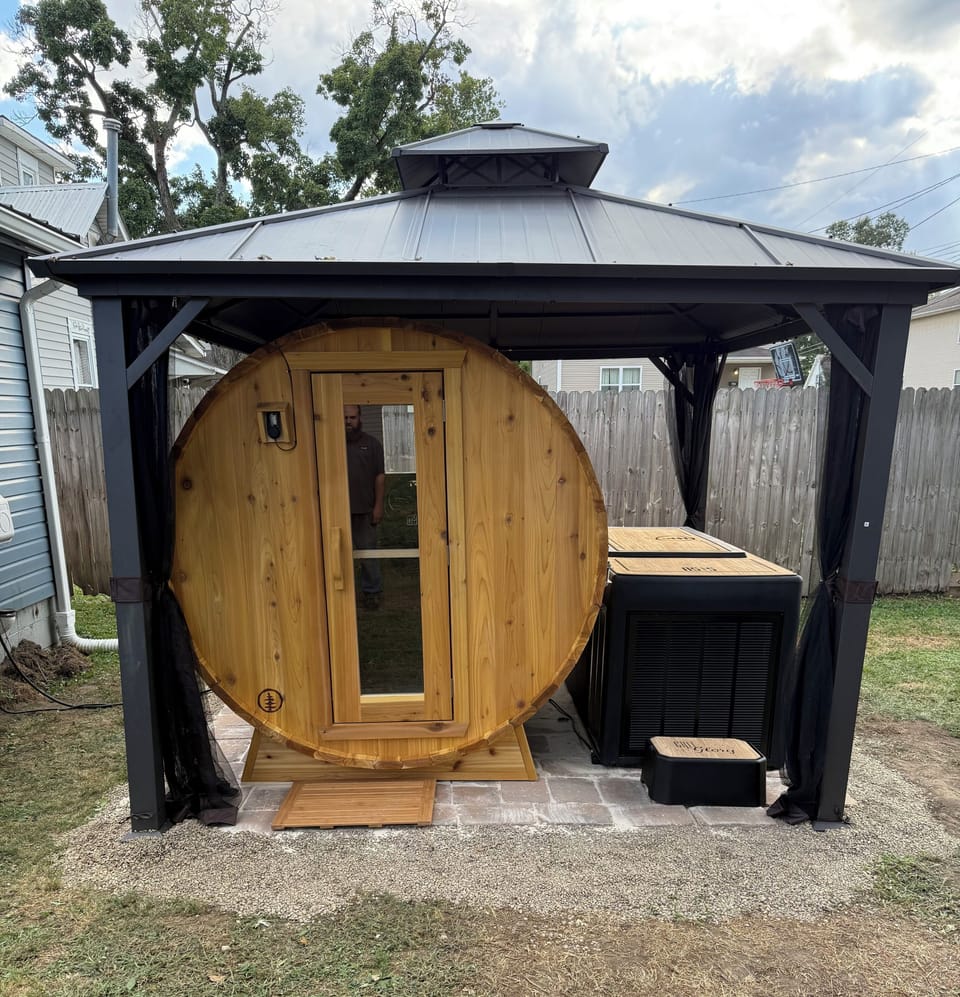 SISU eight person Cedar barrel sauna and Drake Cold Plunge