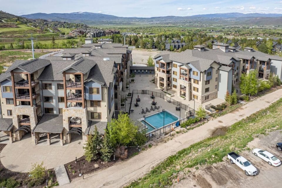 Aerial view of Silverado Lodge showing year round outdoor pool and hot tub