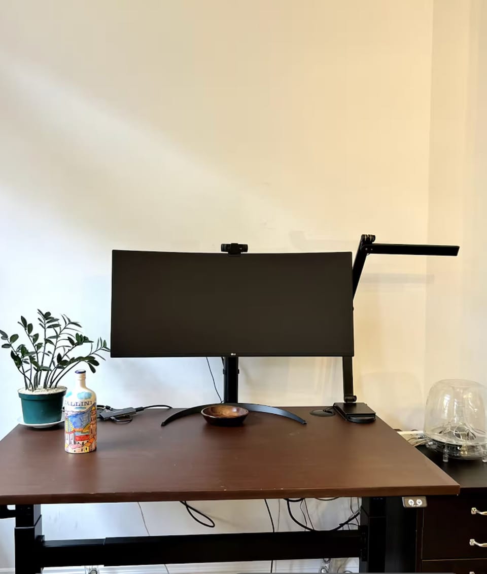 Adjustable sitting/standing desk,  large monitor and Starlink high-speed wi-fi