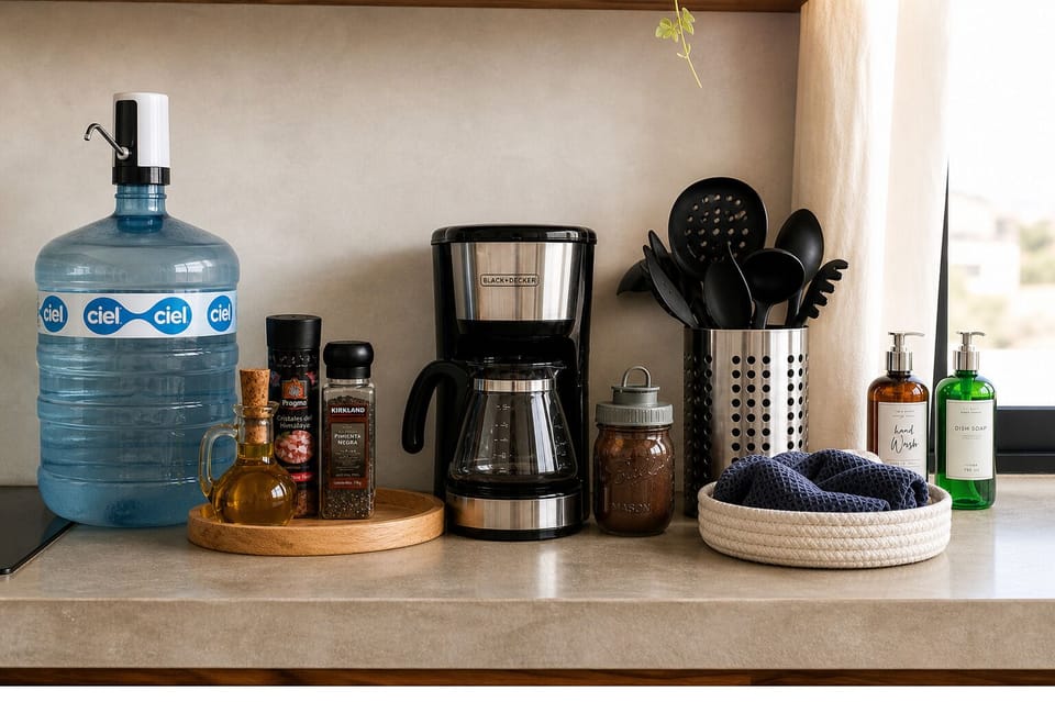 Cooking essentials, coffee maker, complimentary coffee, and filtered drinking water