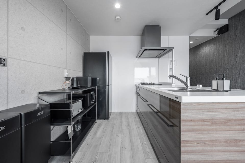Fridge, microwave, electric kettle, toaster