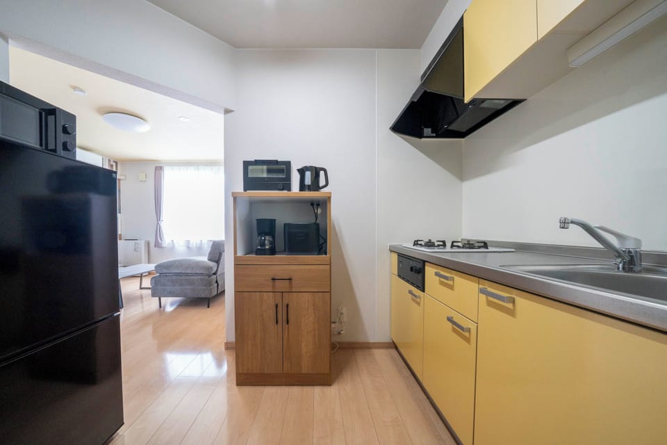 Fridge, microwave, stovetop, electric kettle