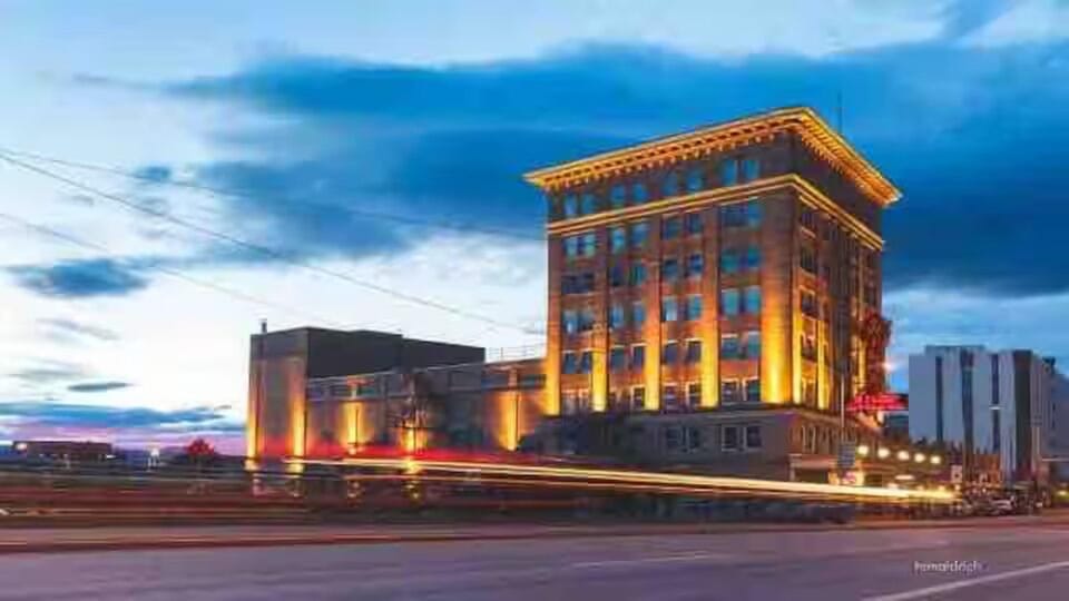 Exterior vie at sunset of the Historic Wilma Building