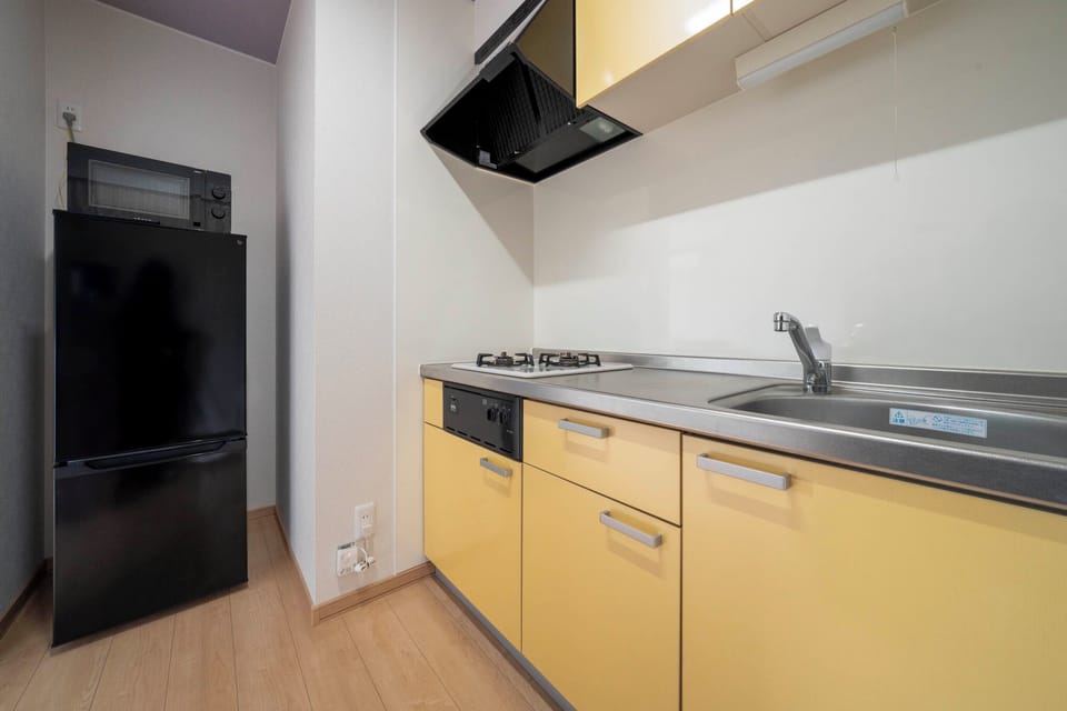 Fridge, microwave, stovetop, electric kettle