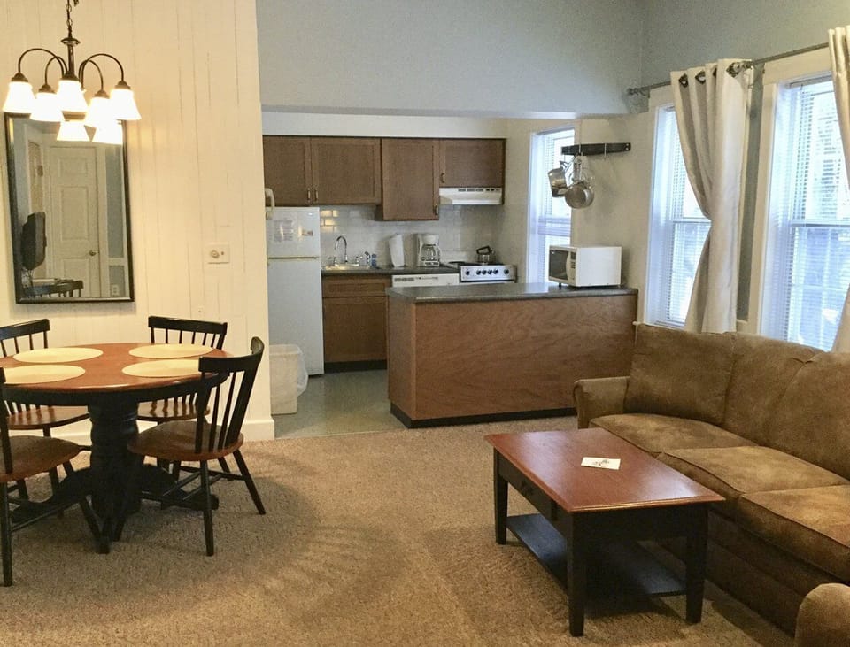 All units have a full Kitchen, Dining table, and queen sleeper couch