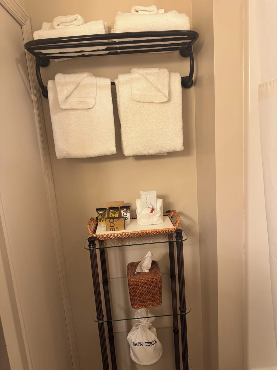 Hair dryer, towels, soap, shampoo