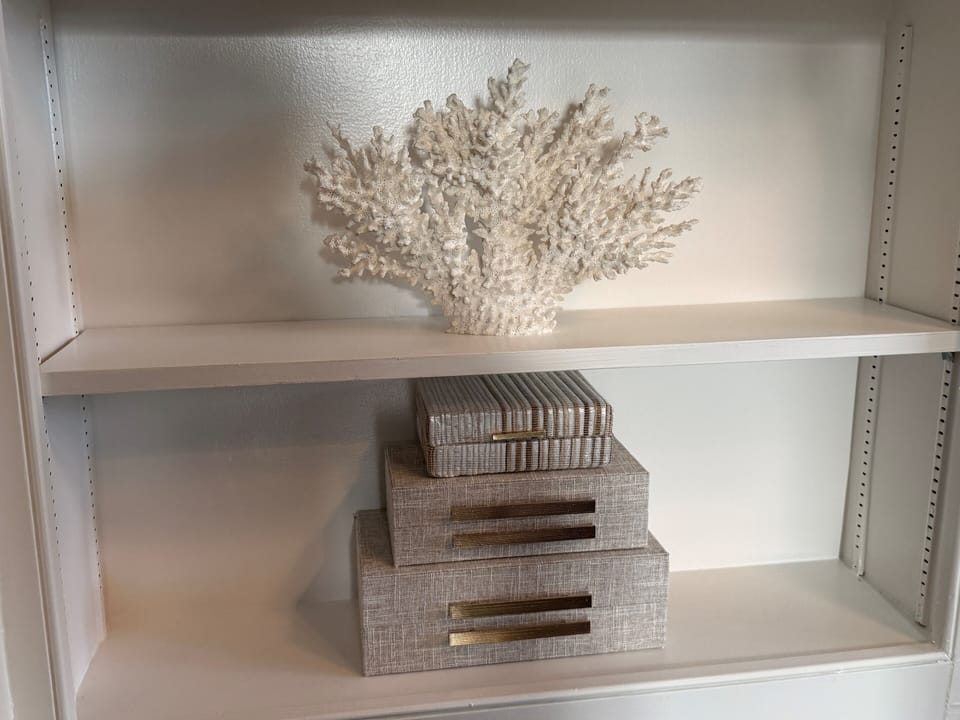Subtle coastal decor featuring coral detail and clean white shelving