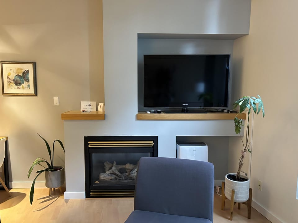 Living room focal point featuring a built-in gas fireplace and television setup for cozy evenings.
