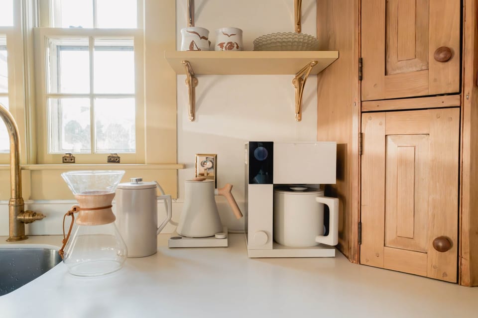Coffee and tea making options, including high-end Fellow kettle and coffee maker.