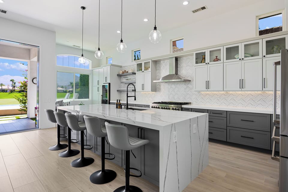 Seating for five on the expansive kitchen island.