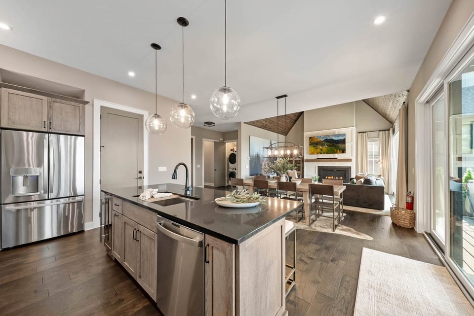 Kitchen Island with Sink, Dishwasher, Wine Cooler and Large Stainless Fridge