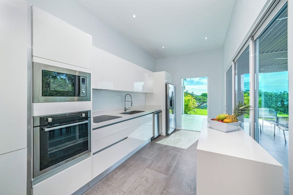 Sleek modern kitchen with stainless steel appliances, open to dining & pool.