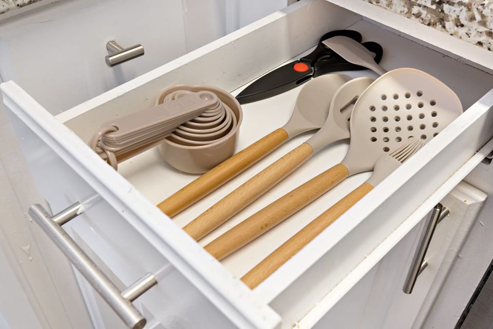 Fully equipped kitchen with Keurig, microwave, toaster, cooking basics