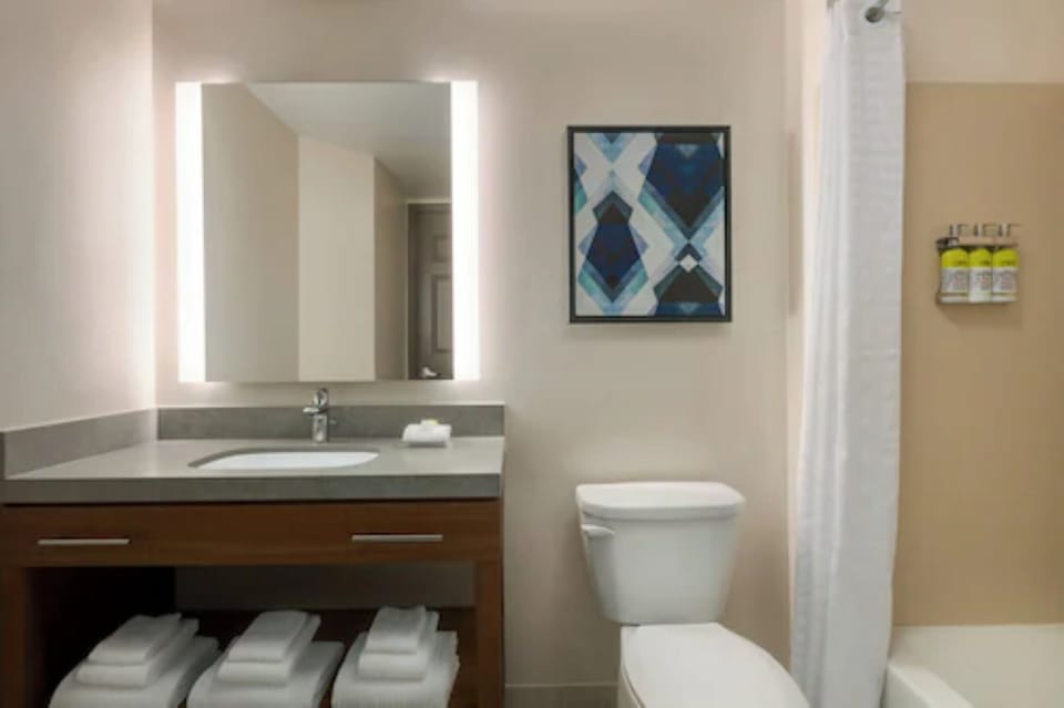 Combined shower/tub, free toiletries, hair dryer, towels