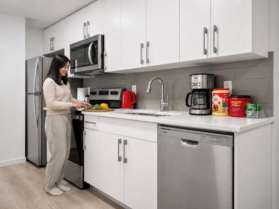 Contemporary kitchen with stainless steel appliances and ample counter space