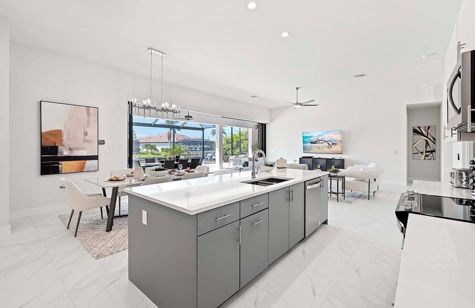 Kitchen has a View of the Dining Space as well as Living Space