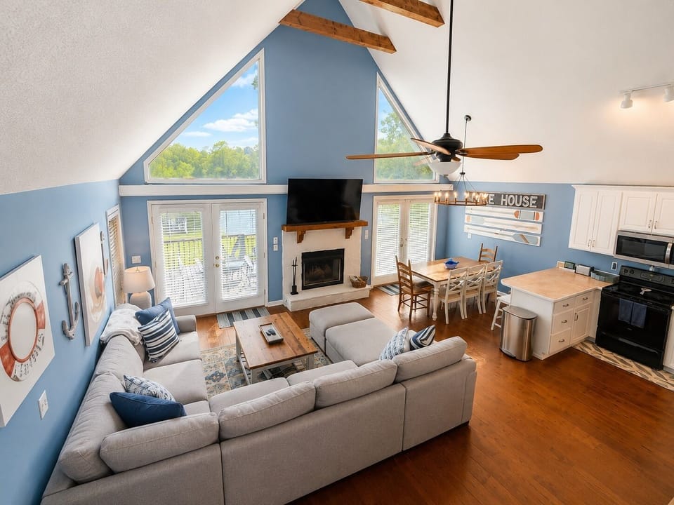 Cozy living room with beautiful lake views
