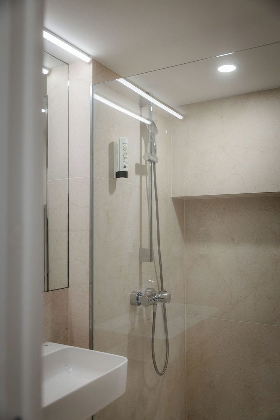 Hair dryer, towels, soap, shampoo