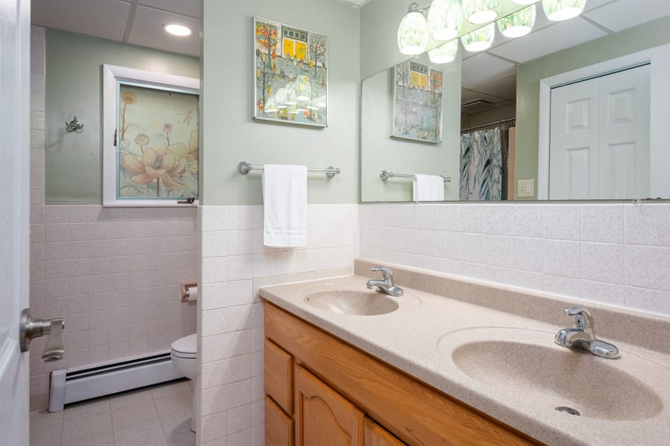 Main level full bathroom with double vanity and shower/tub combo