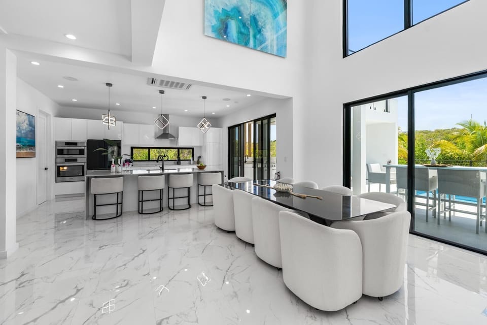 Open-plan kitchen and dining area.