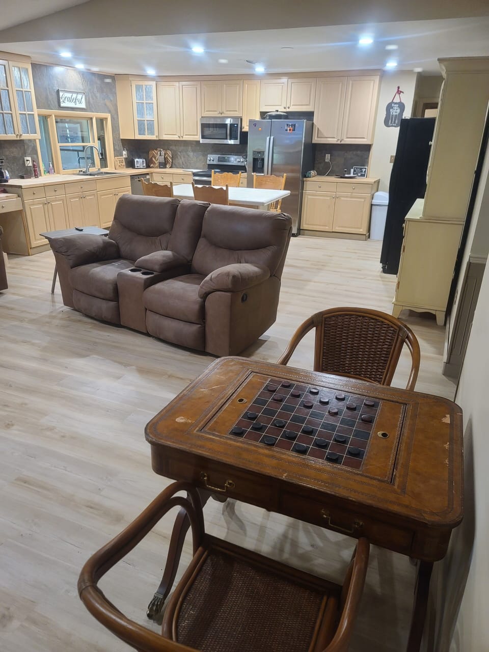 table for checkers, chess, and backgammon in family/tv room