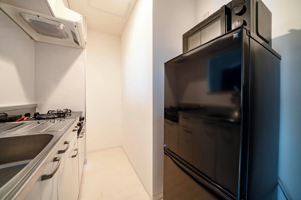 Fridge, microwave, stovetop, electric kettle