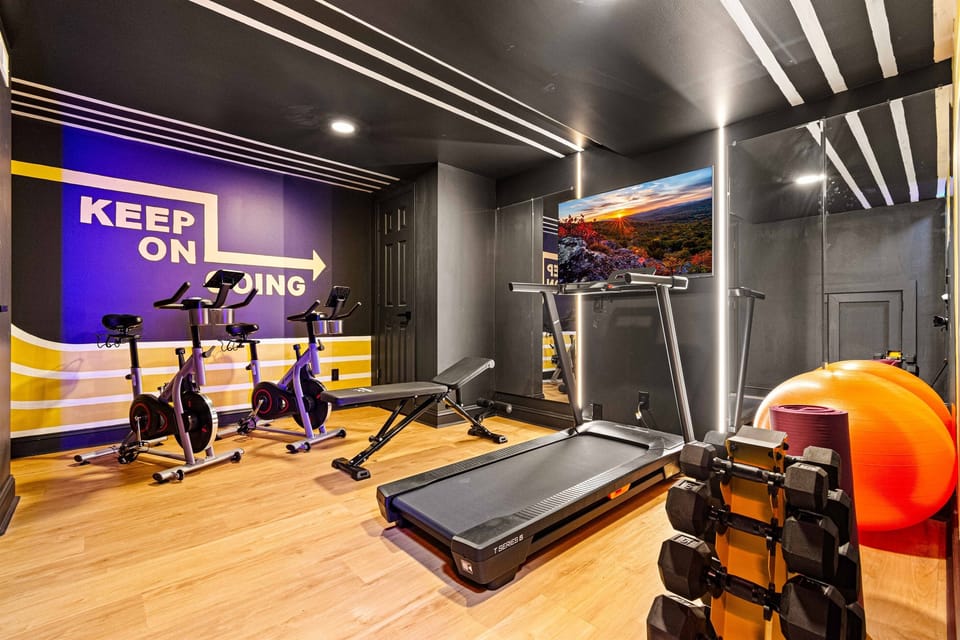 💪 Private home gym with treadmill, spin bikes, free weights & yoga gear—your wellness routine doesn’t have to skip a beat.