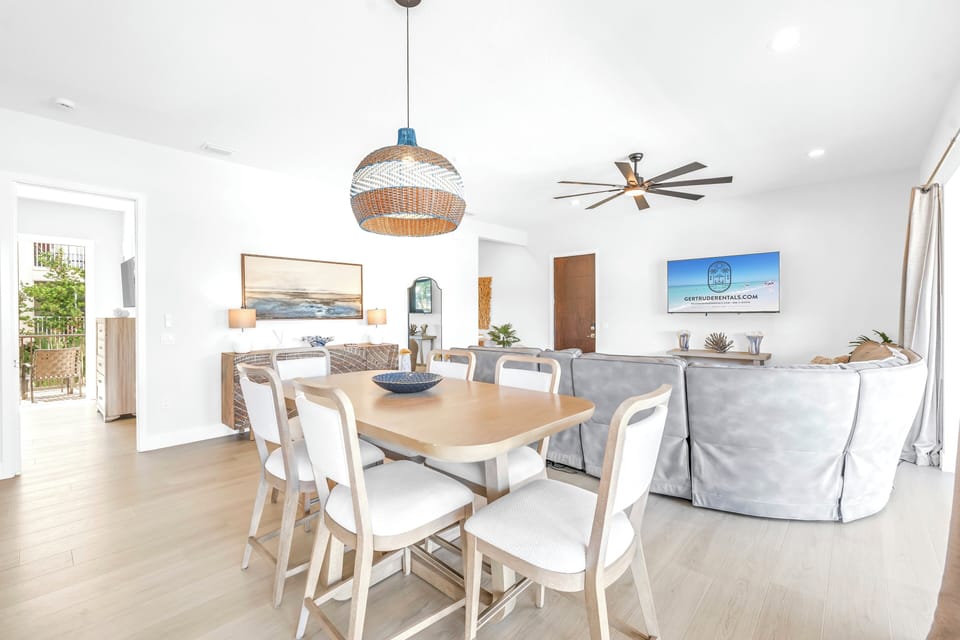 Large open living and dining area.