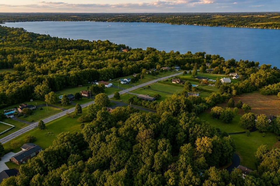 Stunning aerial view showcasing the serene beauty of the lake, lush greenery, and peaceful surrounding neighborhood. Perfect for highlighting location and natural setting.