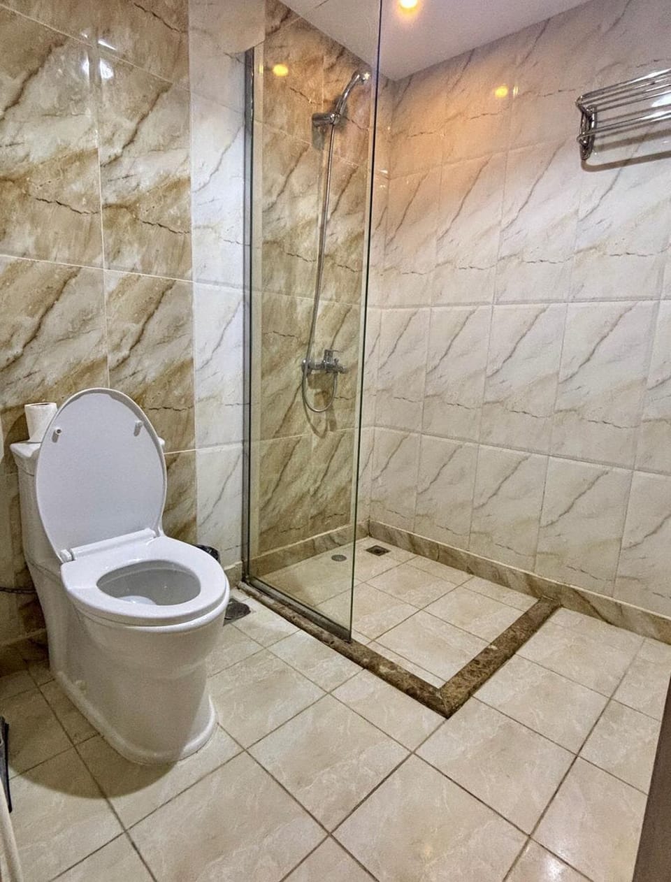 Combined shower/tub, free toiletries, towels, soap