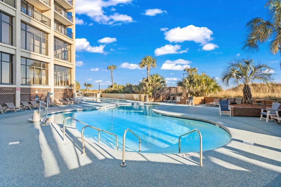 Tower A pool at Beach Cove Resort is seasonally heated, offering a relaxing place to swim year-round. Surrounded by tropical landscaping, it’s perfect for cooling off in summer or warming up on cooler Myrtle Beach days.