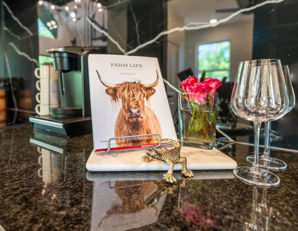 Kitchen counter details featuring coffee essentials and wine glasses for relaxed stays.