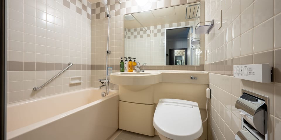 Combined shower/tub, free toiletries, hair dryer, slippers