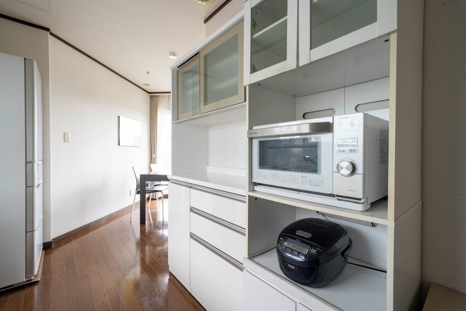 Fridge, microwave, stovetop, electric kettle