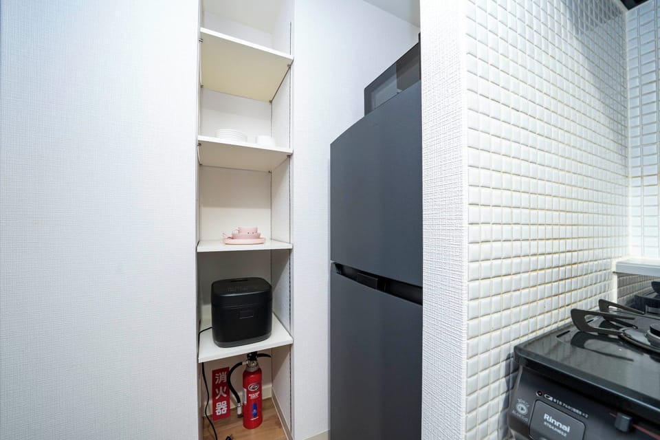 Fridge, microwave, stovetop, electric kettle