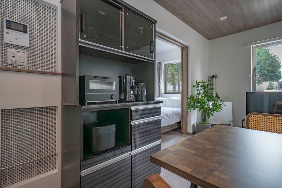 Fridge, microwave, electric kettle, toaster