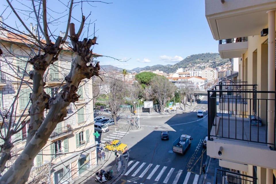 View from the balcony over the avenue and its plane trees