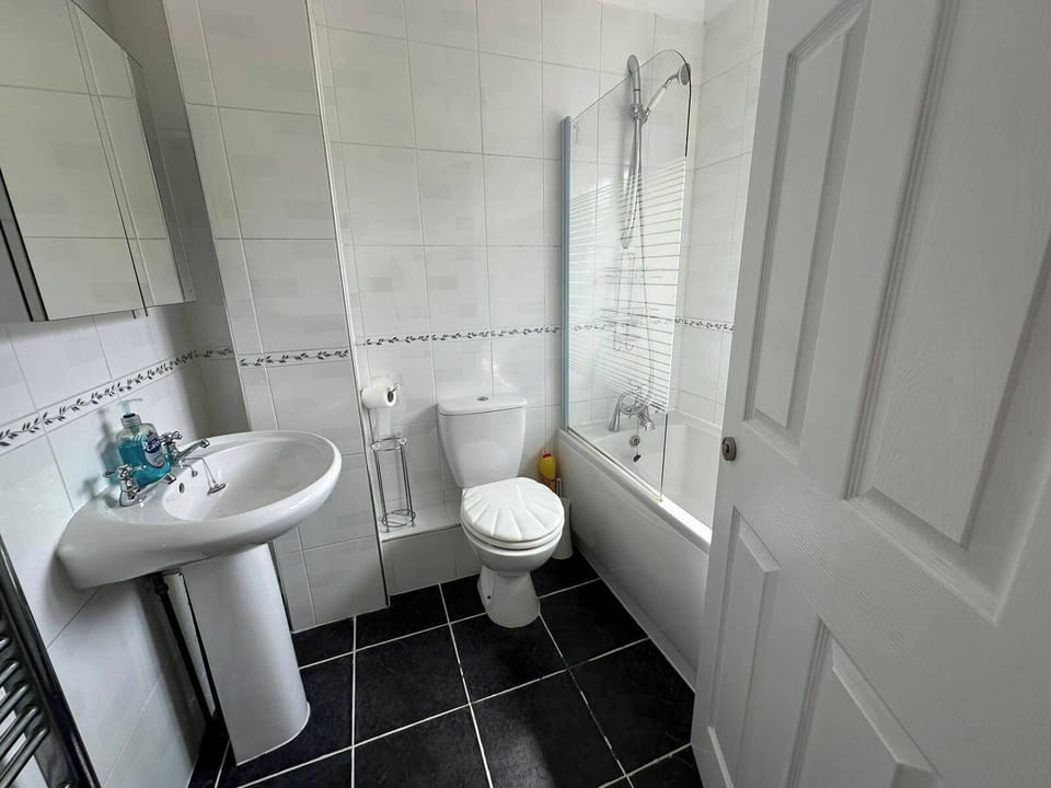 Combined shower/tub, deep soaking tub, hair dryer, towels
