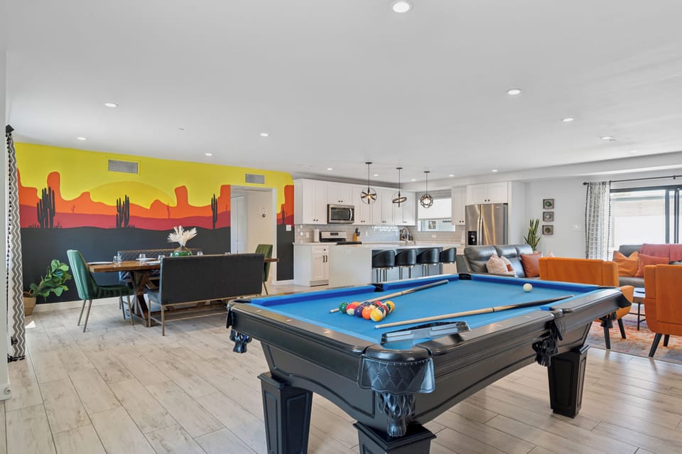 Bright open space with games and group dining options.