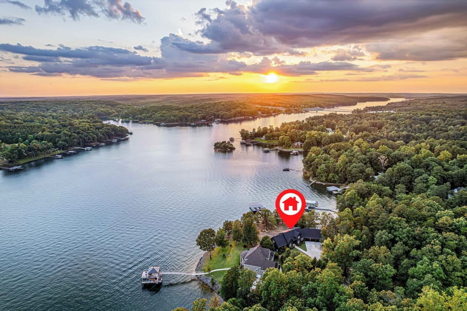 Aerial view of the property at sunset.