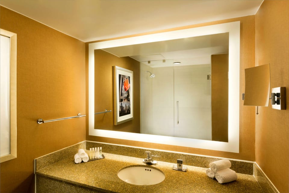 Eco-friendly toiletries, hair dryer, towels