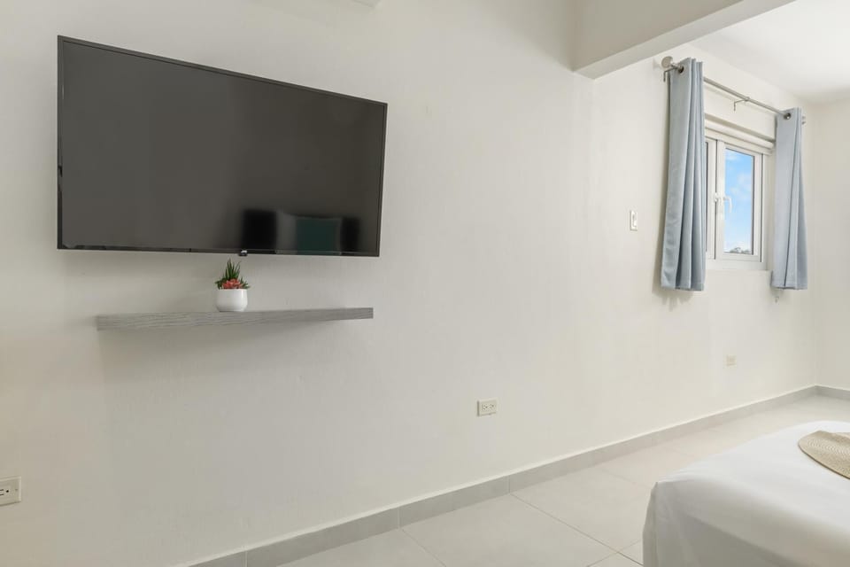 Wall-mounted flat-screen TV for easy in-room entertainment, paired with natural light from the large window.