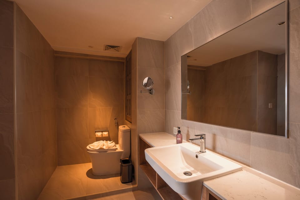 Shower, rainfall showerhead, bidet, soap