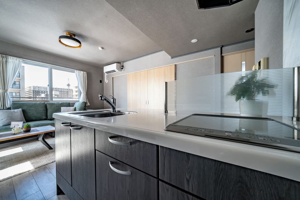 Fridge, microwave, stovetop, electric kettle