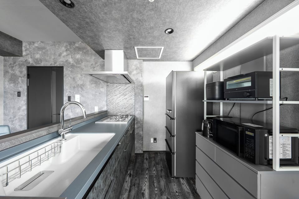 Fridge, microwave, stovetop, electric kettle