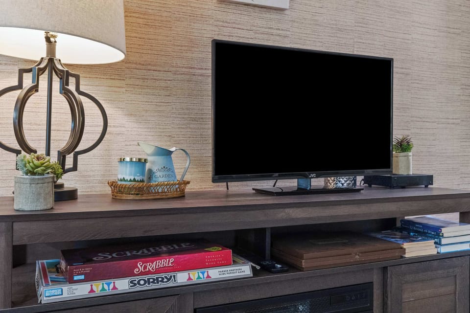 Cozy nights in are easy with cable TV, Wi-Fi, and a selection of classic board games for the whole family