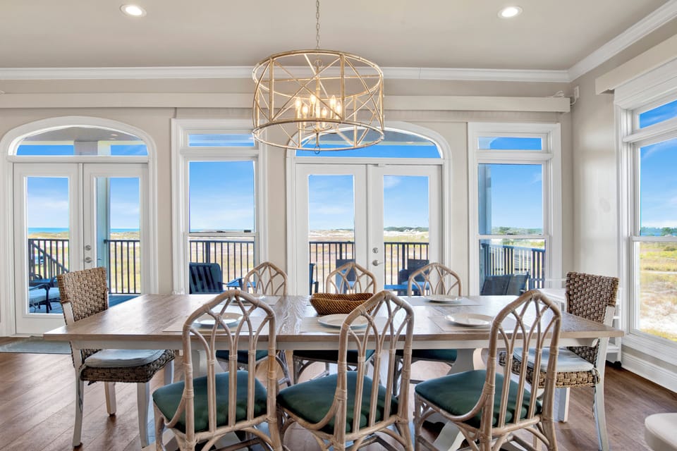 The dining table seats 8